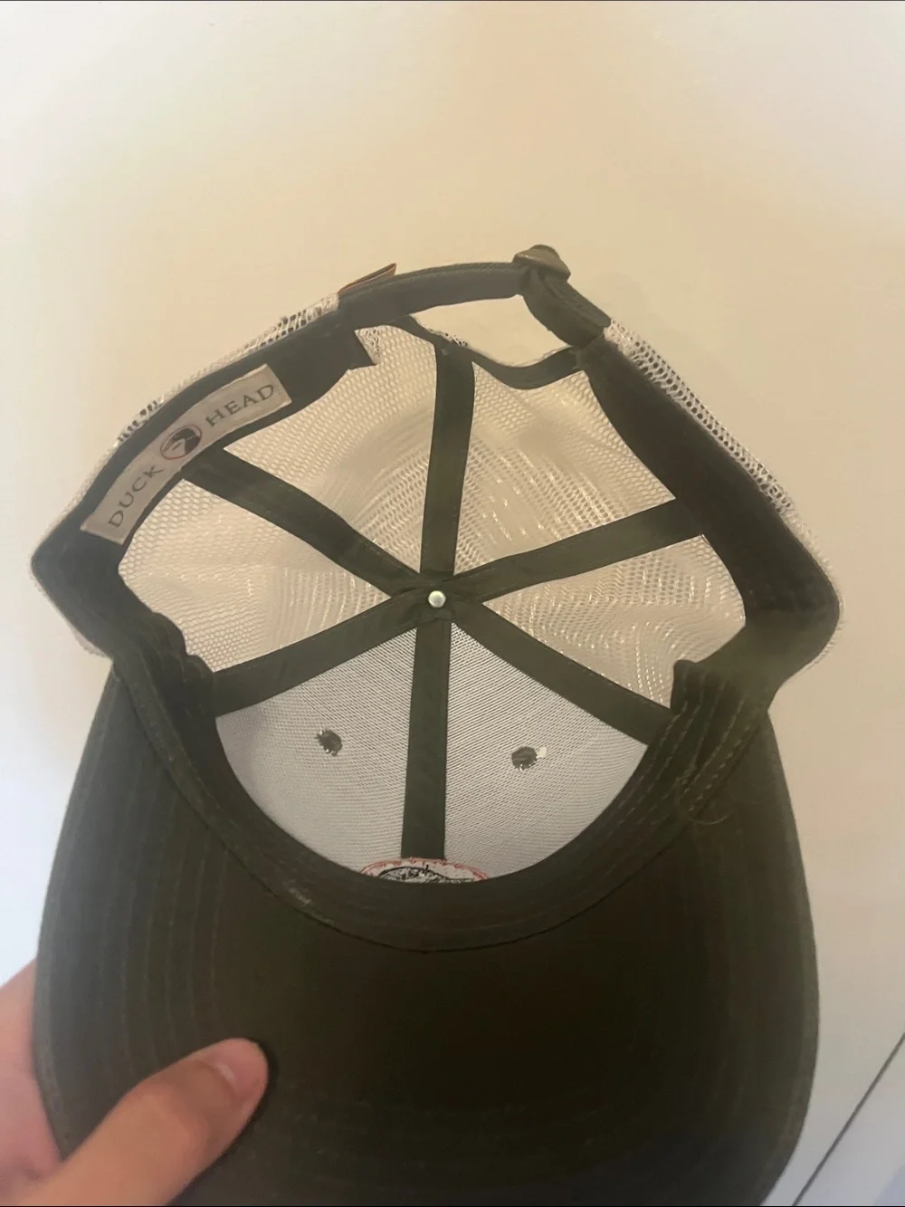 Duck Head Olive Green and White Mesh Trucker Hat with Duck Patch